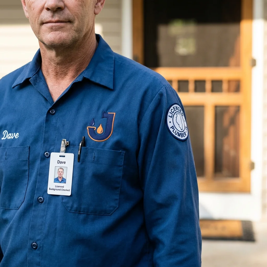 Licensed plumber showing ID badge in Thompson, ND