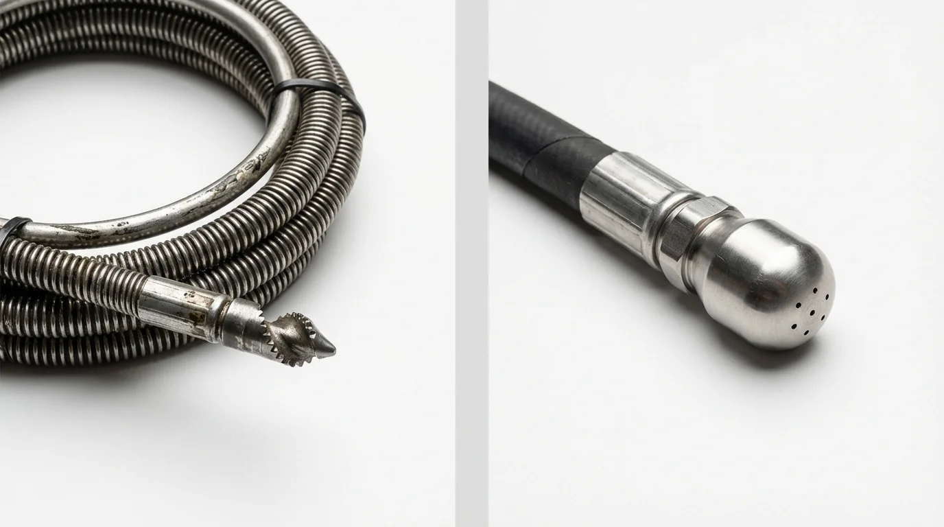 Drain snake cable and hydro jetting nozzle used for drain cleaning in Thompson, ND