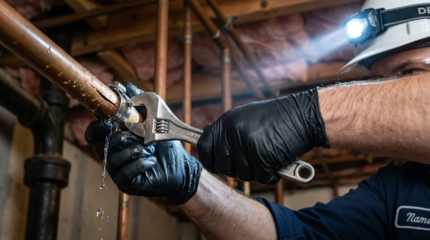 Emergency pipe clamp repair being performed by a Johns Plumbing LLC plumber in Thompson