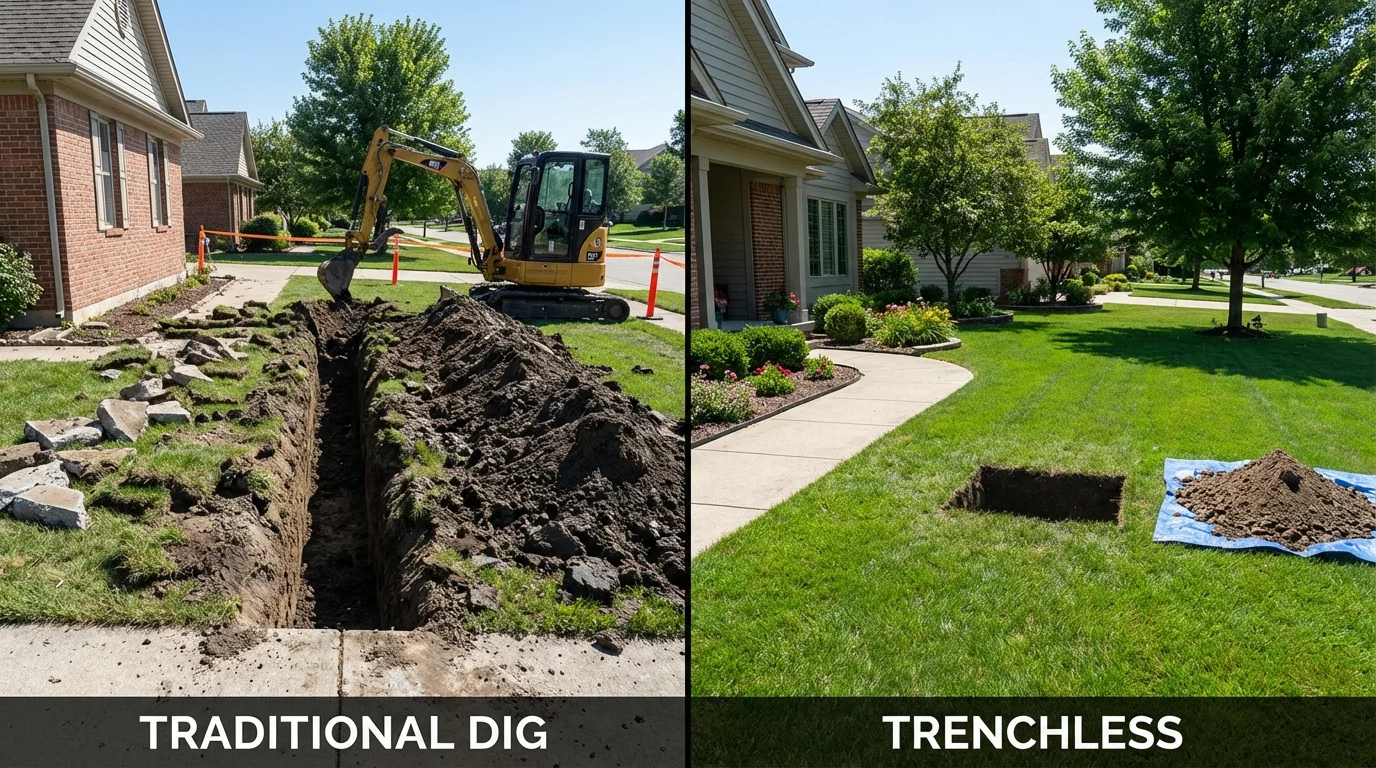Trenchless sewer repair with minimal yard damage versus traditional excavation in Thompson, ND