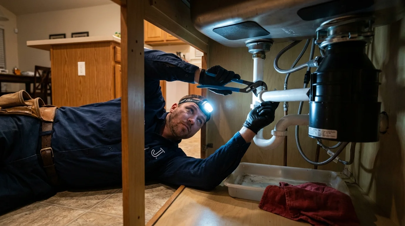 P-trap and supply line connections under a kitchen sink showing a common leak point in Thompson, ND